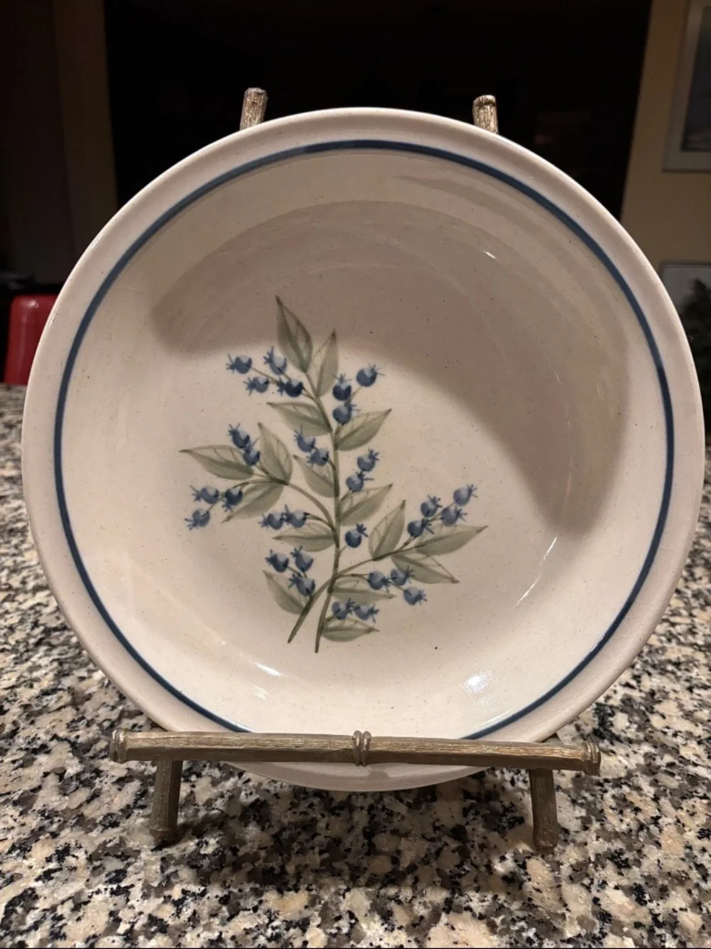 Vintage Union Stoneware Maine Hand-Painted Blue Floral Stoneware Serving Bowl